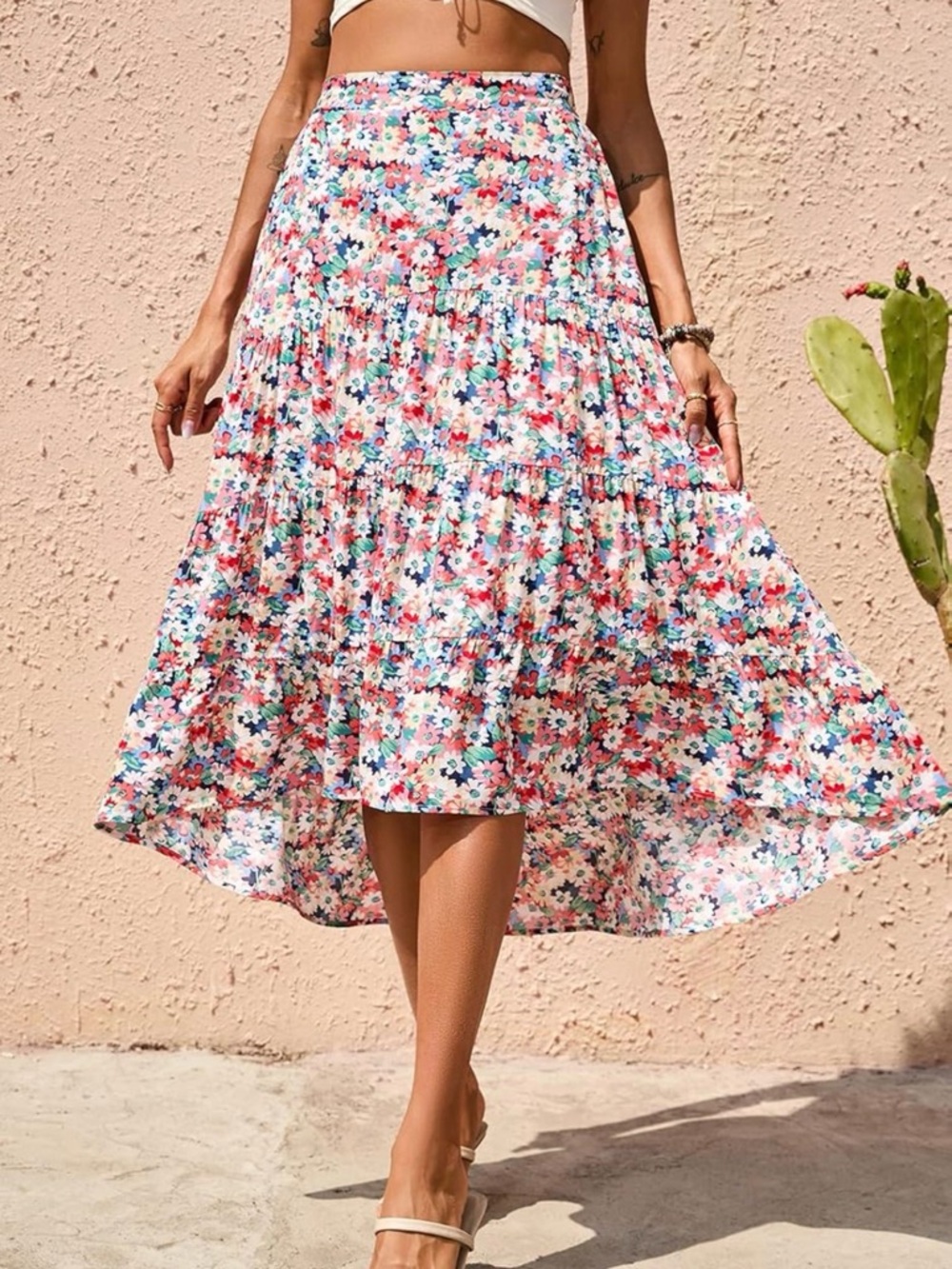 Floral Tiered Midi Skirt - Pink Multi